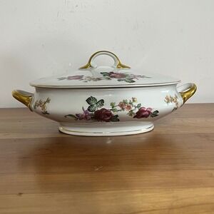 Epiag Royal Czechoslovakia Floral Porcelain Lidded Tureen Gold Handles Vintage